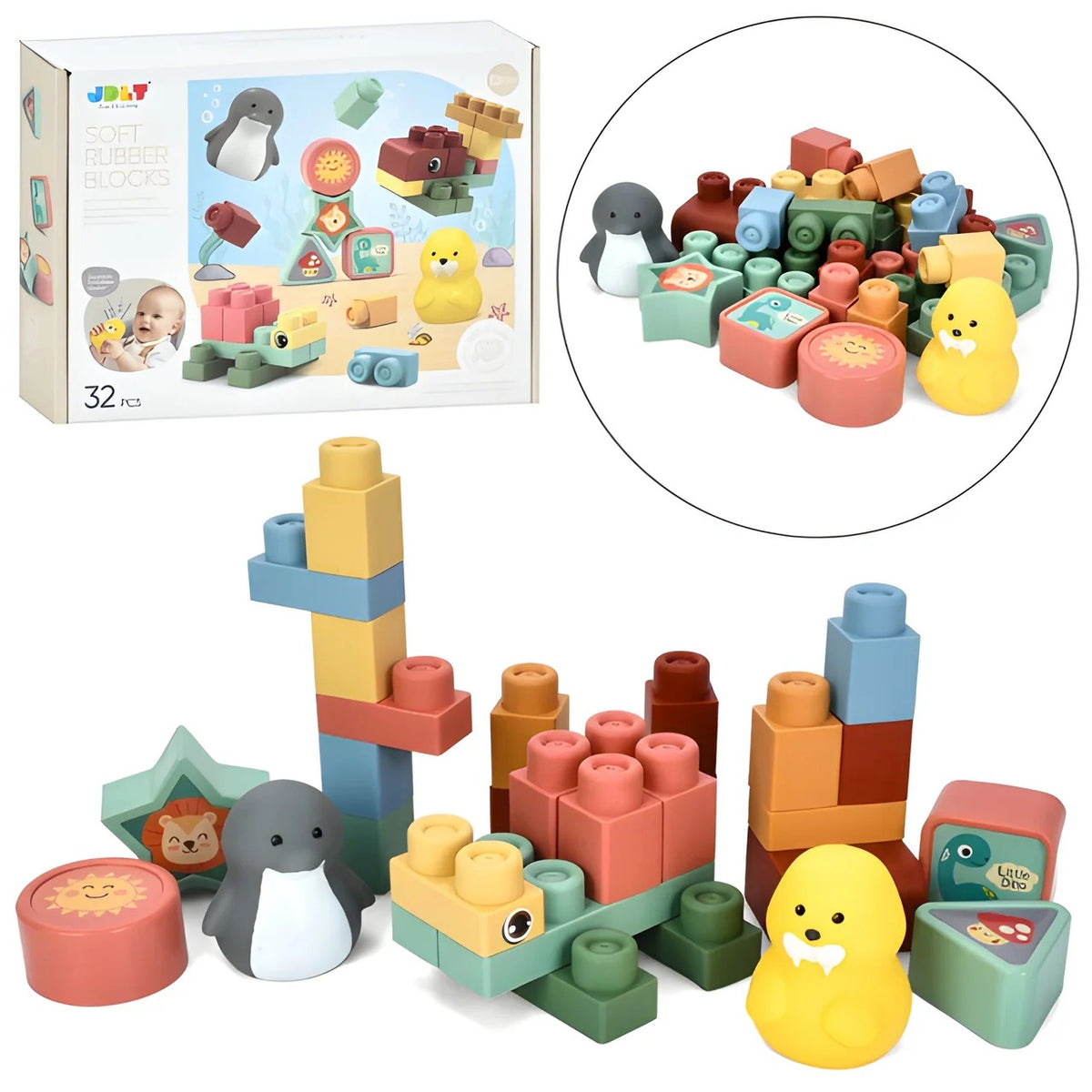 32 PCS Animal Soft Rubber Building Blocks for Babies & Toddlers | Educational Sensory Learning Toy