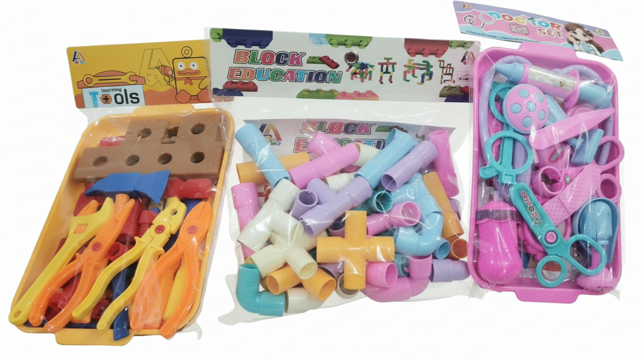 3-in-1 Tool Sets for Kids | Doctor Set + Tool Set + Pipe Block Set