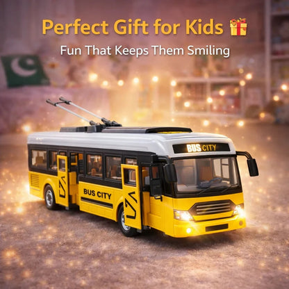 A yellow and white toy bus with 'BUS CITY' on the front and side, shown in a festive, sparkly setting with promotional text that reads 'Perfect Gift for Kids' and 'Fun That Keeps Them Smiling'.