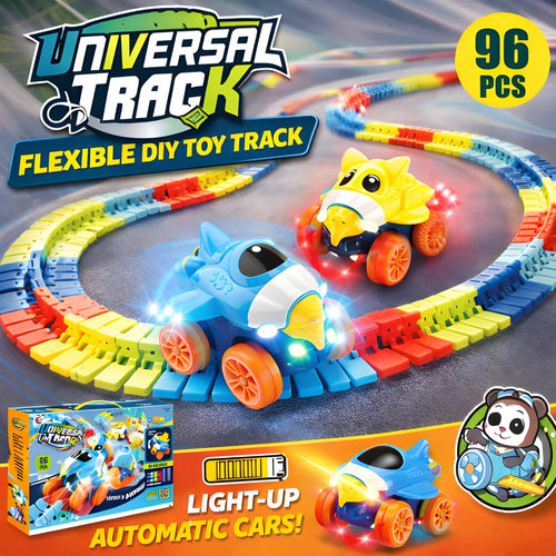 Universal Flex Track Set 96 Pcs | DIY Racing Track with Light-Up Car, Flexible STEM Building Toy for Kids