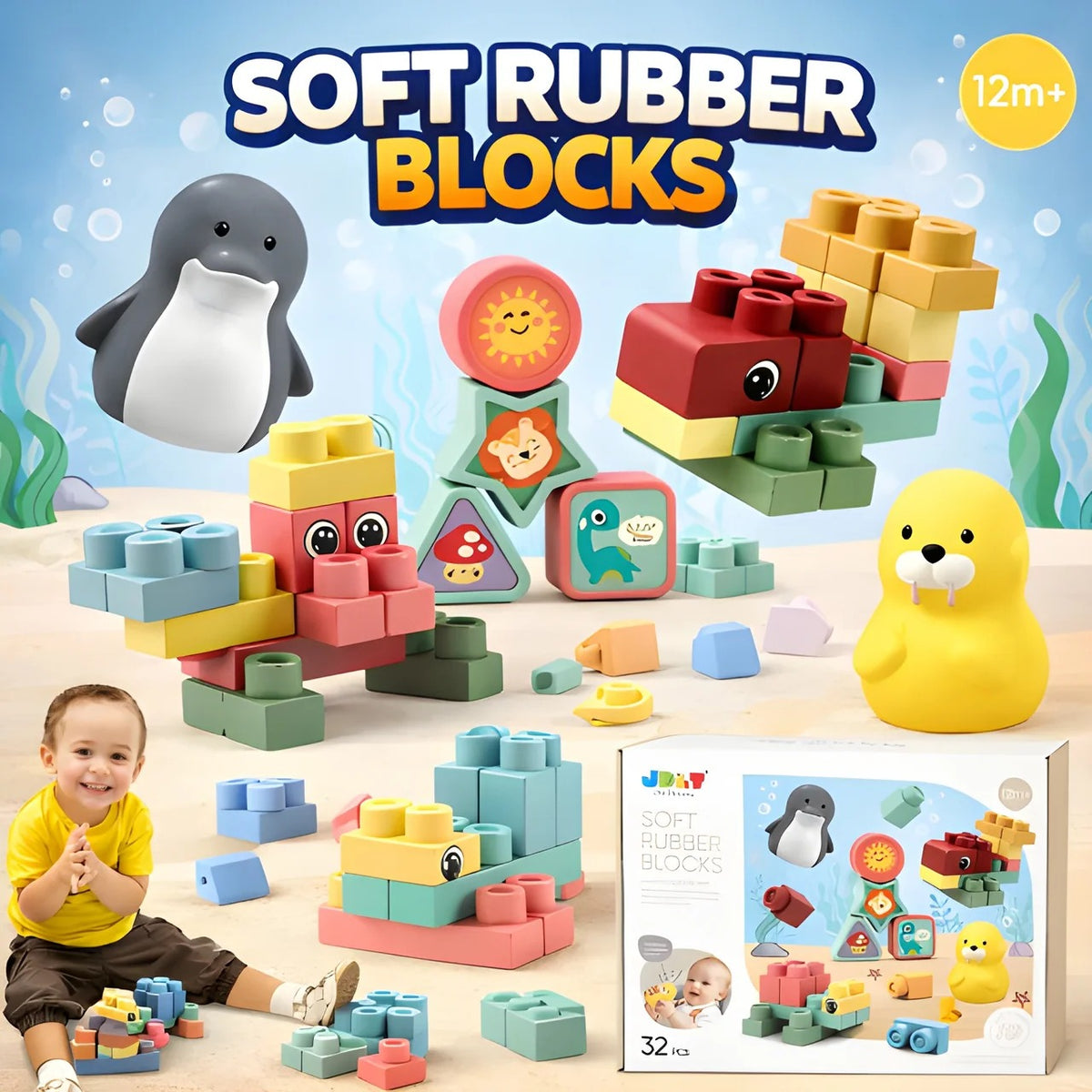 32 PCS Animal Soft Rubber Building Blocks for Babies & Toddlers | Educational Sensory Learning Toy