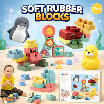 32 PCS Animal Soft Rubber Building Blocks for Babies & Toddlers | Educational Sensory Learning Toy