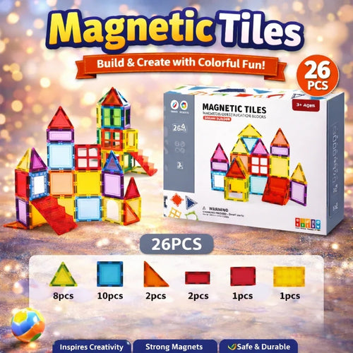 Colorful magnetic tiles set with building structure and packaging on a wooden surface.