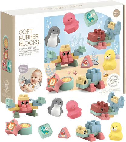 32 PCS Animal Soft Rubber Building Blocks for Babies & Toddlers | Educational Sensory Learning Toy