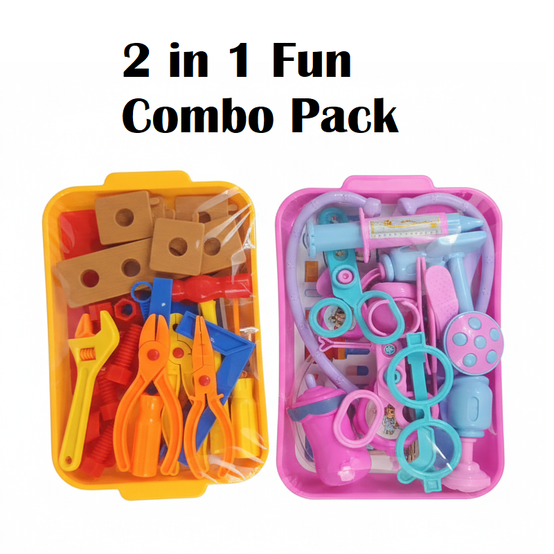 2-in-1 fun combo pack with toy tools and medical set